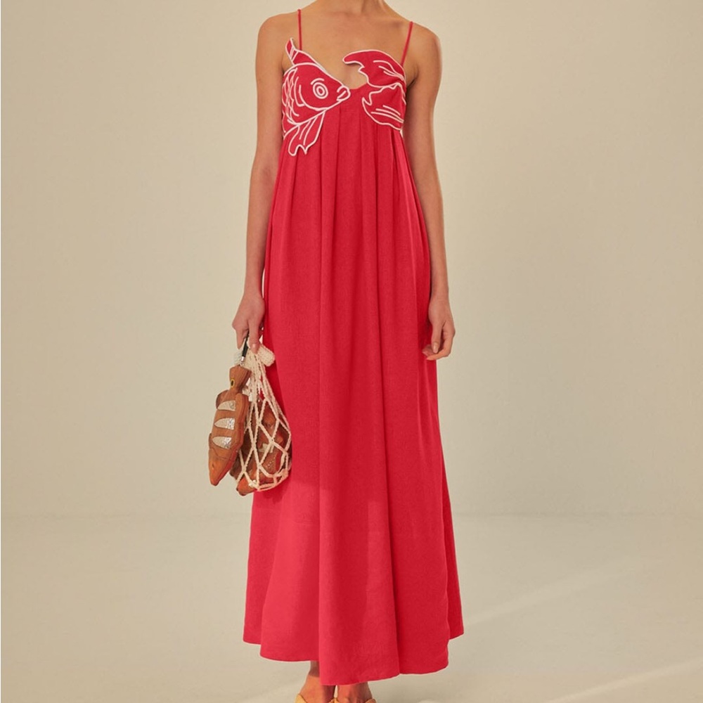 FARM RIO RED FISH TOP MAXI DRESS NWT